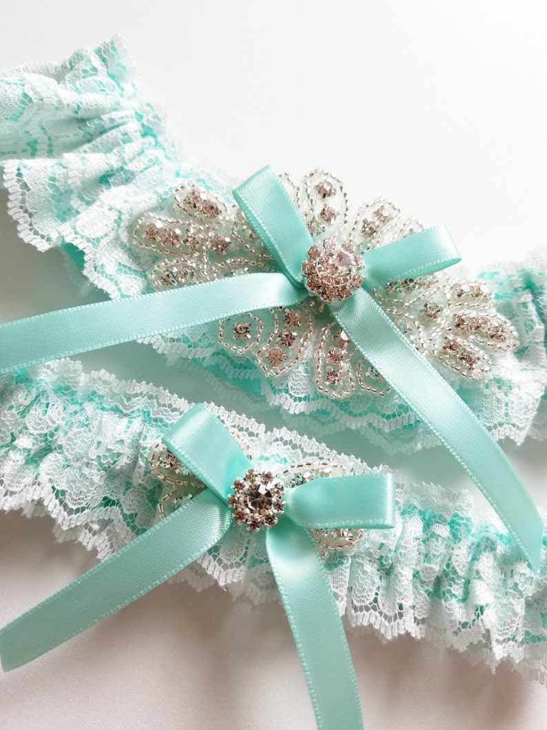 Lace Garter, Wedding Garter, Aqua Blue Wedding Garter, INCLUDING Lace Toss Garter with Rhinestone Center The Bling ANITA Garter image 1