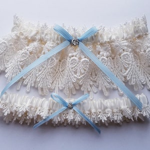 Lace Garter, Wedding Garter Set with Blue Satin Ribbon Bow and Swarovski Crystal Centering The ALICIA Garter Set image 1