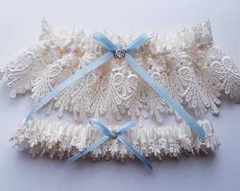 Lace Garter, Wedding Garter Set with Blue Satin Ribbon Bow and Swarovski Crystal Centering   - The ALICIA Garter Set