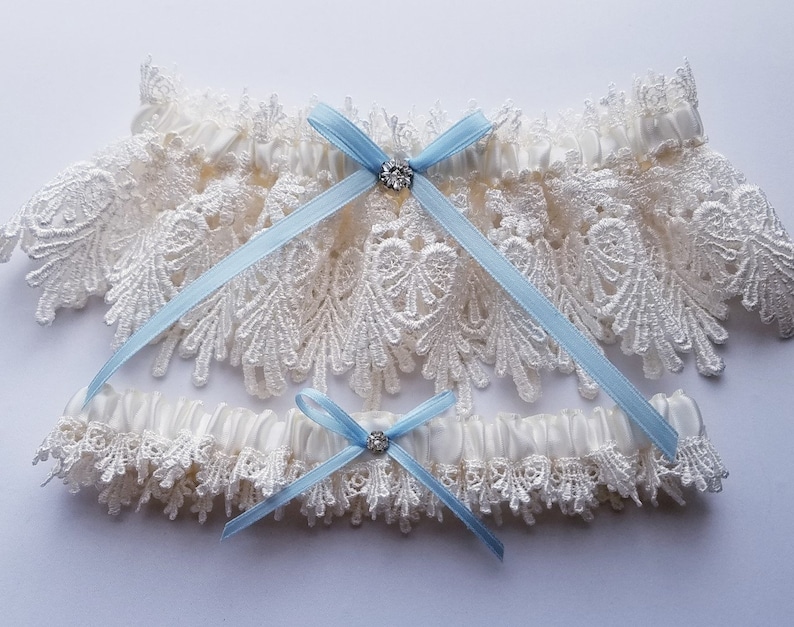 Lace Garter, Wedding Garter Set with Blue Satin Ribbon Bow and Swarovski Crystal Centering The ALICIA Garter Set image 1