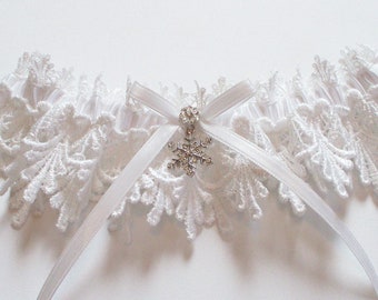 Wedding Garter with Snowflake and Lace Toss, White Lace Garter with White Bow - The Petite ALICIA Garter
