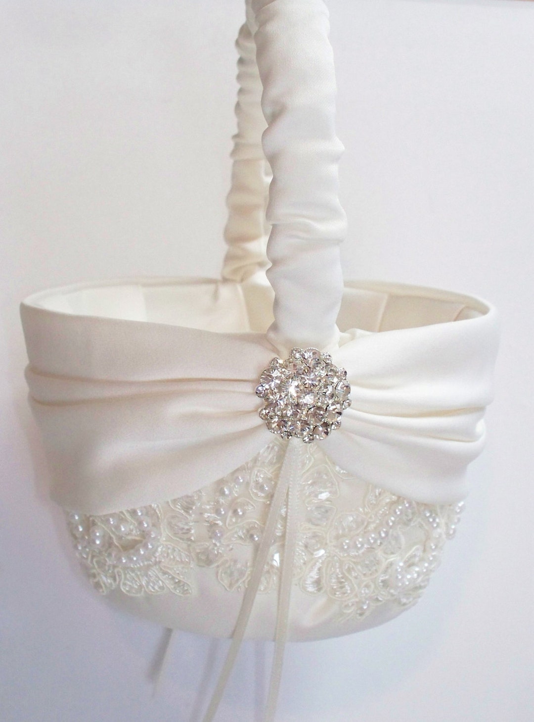 Wedding Flower Girl Basket With Beaded Alencon Lace Ivory Etsy
