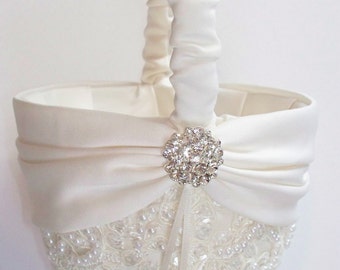 Wedding Flower Girl Basket with Beaded Alencon Lace, Ivory Satin Sash Cinched by Crystals - The MIRANDA Basket