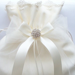 Hochzeit Elfenbein Geldbeutel, Braut Tanztasche mit Point d' Esprit Overlay, Net Lace Trim, Tüll und Satin Schleifen mit Kristall - The ALISON