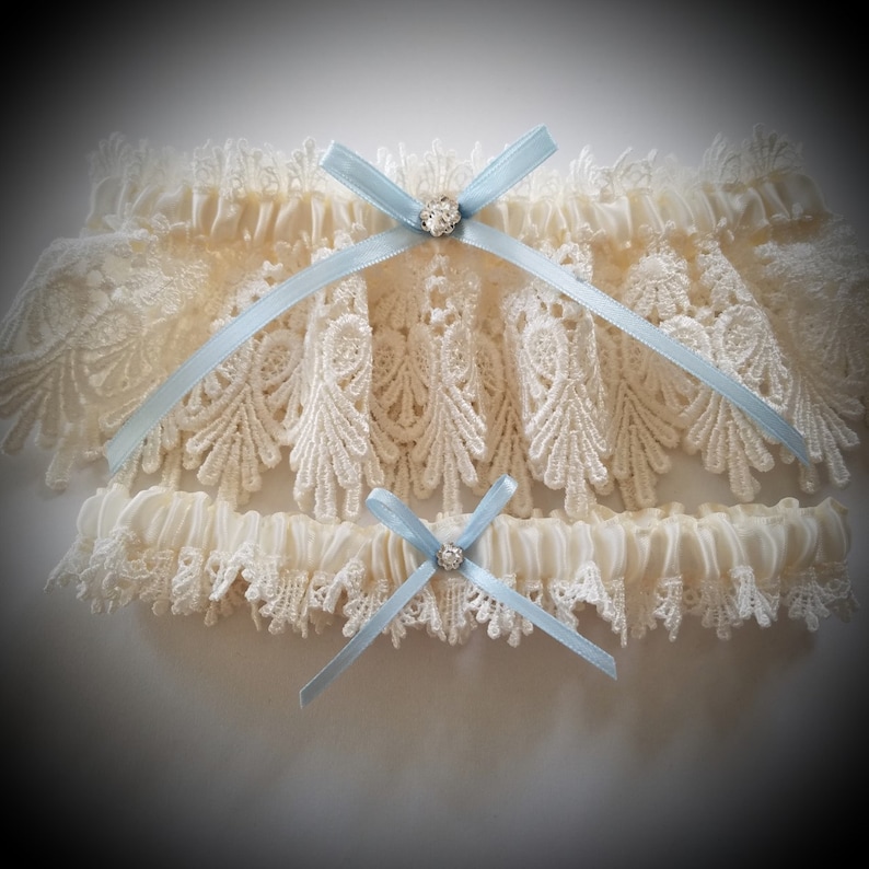 Lace Garter, Wedding Garter Set with Blue Satin Ribbon Bow and Swarovski Crystal Centering The ALICIA Garter Set image 3