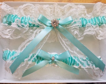 Ivory Lace Garter and Toss with Aqua or Ice Blue Detail