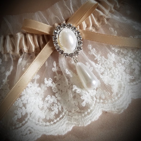 Lace Garter and Satin Band Toss, Wedding Garter in Ivory Lace on Champagne Band with Pearl and Crystal Detail - The Lexi Garter