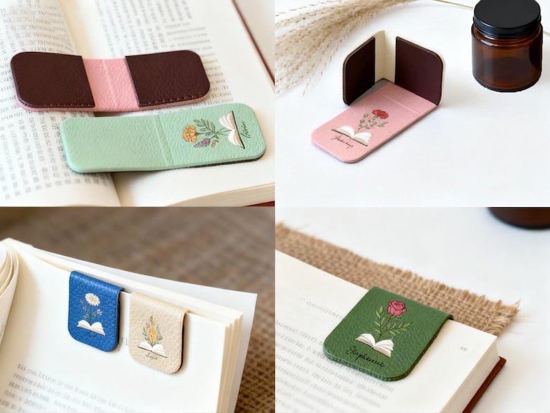 May include: A selection of leather bookmarks in shades of brown, pink, blue, and green. Some have floral designs and open book illustrations. The bookmarks are shown on open books, indicating their use as reading accessories.