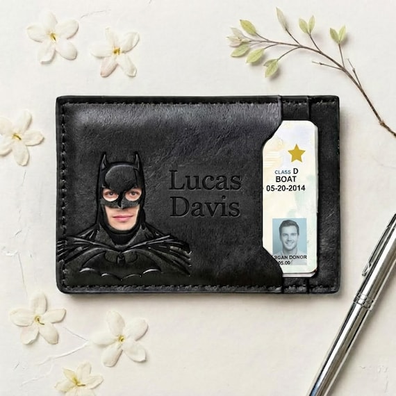 Bat Pattern ID Wallet, Custom Leather Wallet for Men, Anniversary Birthday Valentine’s Day Gift for Husband Boyfriend Dad