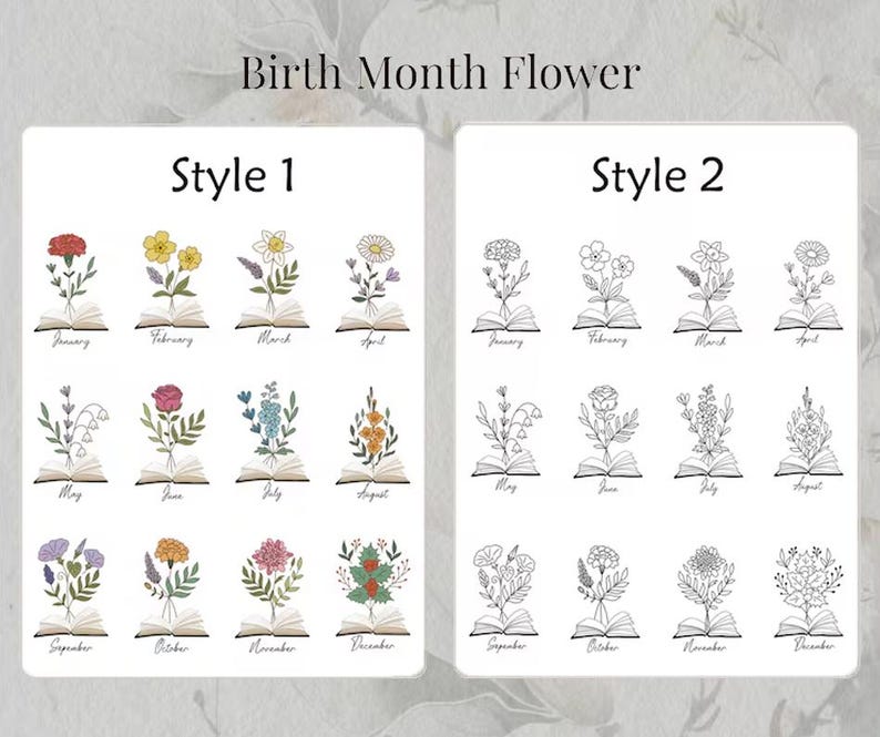 May include: Two styles of birth month flower illustrations. Style 1 features colourful flowers, each paired with a month name. Style 2 presents the same flowers in a black and white line drawing. Both styles show flowers emerging from an open book.
