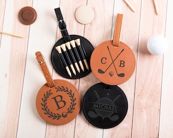 Personalized Leather Golf Bag Tag with Tee Holder, Laser Engraved