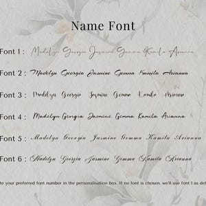 May include: Image displaying six name font options, each with a sample name. The text "Name Font" is at the top. Each font is numbered and shows the name "Madelyn Georgia Jasmine Gemma Kamila Arianna" in different styles. Instructions are provided.