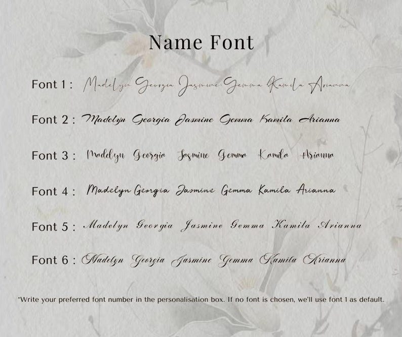 May include: Image displaying six name font options, each with a sample name. The text "Name Font" is at the top. Each font is numbered and shows the name "Madelyn Georgia Jasmine Gemma Kamila Arianna" in different styles. Instructions are provided.