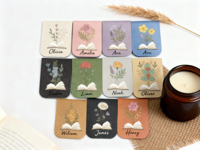 May include: A set of floral bookmarks, each with a different flower design and a name such as Olivia or Amelia. The bookmarks are in various colours, including beige, pink, and blue. Each design includes an open book.