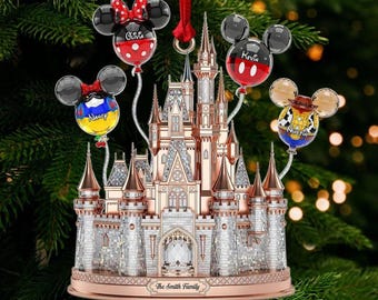 Personalized Disney Castle Balloon Family Flat 2D Acrylic Ornament, Acrylic Christmas Bauble with Names, Magical Holiday Keepsake Gift