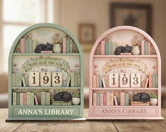 Personalized Books Read This Year Tracker Sign, Custom Wooden Bookshelf Decor, Reading Goal Counter, Book Lover Gift, Books Read Tracker Cat