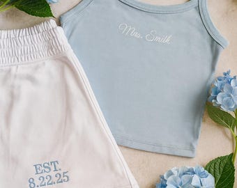 Personalized Bride Embroidered Tank and Sweatpant Set, Embroidered Tank Top, Personalized Bride Lounge Outfit, Getting Ready Set for Wedding