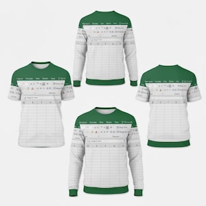 Puede incluir: Cuatro camisetas con un diseño de hoja de cálculo de Excel. Las camisetas incluyen dos opciones de manga larga y dos de manga corta. Cada camiseta tiene un cuello y puños verdes, con un cuerpo blanco con un patrón de cuadrícula y gráficos de la barra de herramientas de Excel.