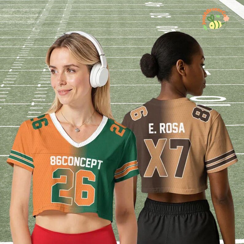 May include: Two cropped football jerseys. One is orange and green with "86CONCEPT" and the number "26". The other is brown with "E. ROSA" and the number "X7". Both have white stripes on the sleeves.