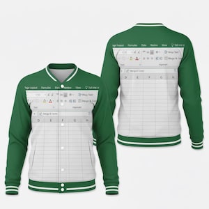 May include: Green and white varsity jacket featuring a design inspired by a spreadsheet program. The jacket has a white body with a grid pattern and green sleeves. The text on the jacket includes "Page Layout", "Formulas", and "Merge & Center".