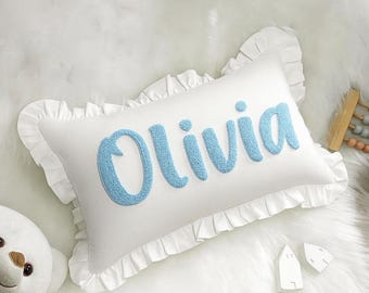 Custom Punch Needle Linen Pillow | Personalized Embroidered Name or Monogram Cushion | Graduation Gift | Dorm or Kids Room Home Decor