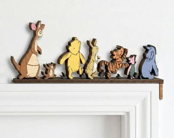 Winnie the Pooh Wooden Door Corner Decor, Classic Pooh Nursery Shelf Sitter, Tigger Piglet Eeyore Wood Figurine, Cute Door Frame Topper