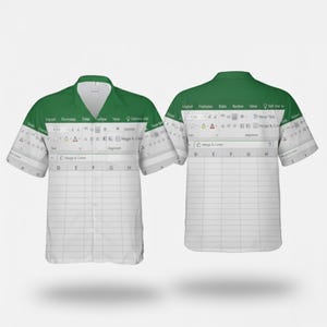 May include: A short-sleeved button-down shirt featuring a white and green design. The shirt's pattern mimics the layout of a spreadsheet program, with rows, columns, and menu bar elements. The shirt has a classic collar and a button-up front.