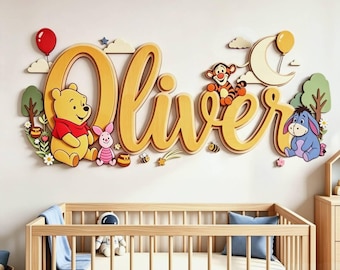 Personalized Winnie Pooh Wooden Name Sign, Custom Nursery Wall Decor, Pooh Piglet Tigger Eeyore Baby Boy Room Sign