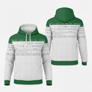 May include: White and green hooded sweatshirt featuring a spreadsheet design. The design includes a green hood, cuffs, and waistband. The front and back of the sweatshirt display a grid pattern with spreadsheet menu options.