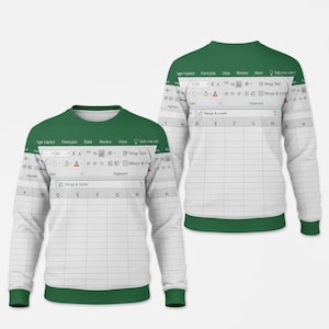 Könnte beinhalten: Ein langärmliges Sweatshirt mit weißem Hintergrund und einem grünen Excel-Tabellen-Design. Der obere Teil des Sweatshirts hat ein grünes Band mit Excel-Menüoptionen. Die Manschetten und der untere Saum sind ebenfalls grün.