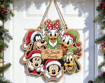Custom Disney Christmas Door Sign, Personalized Family Name Wooden Sign, Mickey Friends Holiday Decor, Christmas Front Door Wreath
