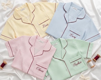 Personalized Cotton Seersucker Pajama Set, Custom Embroidered Short PJ Set, Bridesmaid Gift | Bridal Party Pajamas, Custom Name Pajamas