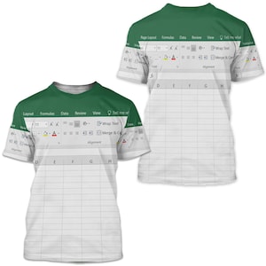 May include: White t-shirts with a green collar and shoulder design. The shirts feature a print resembling a spreadsheet interface, with rows, columns, and menu options. The design includes the words "Layout", "Formulas", "Data", "Review", and "View".