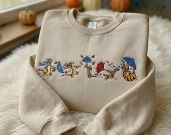 Sudadera de otoño de Tigger, jersey de cuello redondo bordado de Winnie the Pooh, linda camiseta de otoño de Disney, jersey acogedor con estampado de hojas de otoño, top de estética neutra