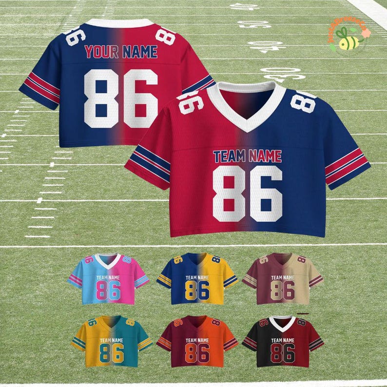 May include: A collection of cropped football jerseys in various colors, including blue, red, yellow, and maroon. Each jersey features the number 86 in large white numerals. Some jerseys display "YOUR NAME" or "TEAM NAME" across the top.