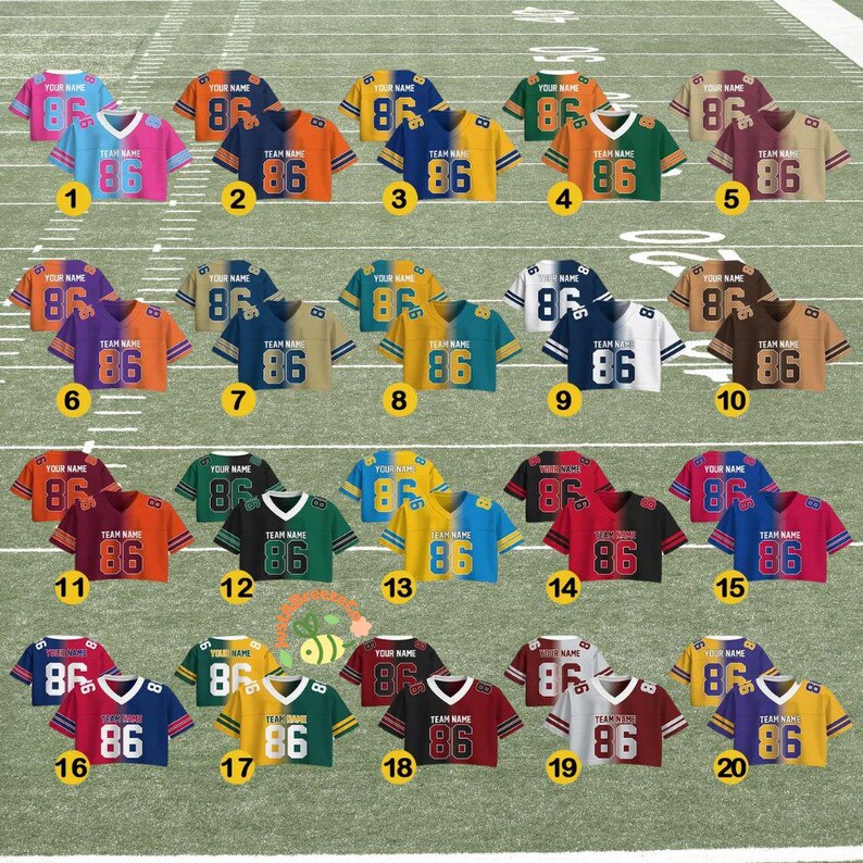 May include: A collection of twenty football jerseys in various color combinations, arranged on a green field. Each jersey features the number "86" and space for a name. The jerseys are a mix of solid and two-tone designs.