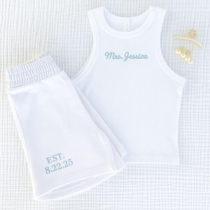 Mrs. Pajama Set, Mrs Tank & Joggers, Bridal Pjs, Bride Pajamas, Mrs. Set, Bridal Shower Outfit, Engagement Gift for Her, Embroidered