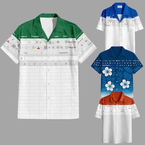 Könnte beinhalten: Eine Auswahl an kurzärmeligen Hemden mit Knopfleiste. Ein Hemd hat einen grünen Kragen und einen weißen Körper mit einem Excel-Tabellen-Design. Andere Hemden haben blaue, orangefarbene und florale Muster. Die Hemden sind lässig und im tropischen Stil.