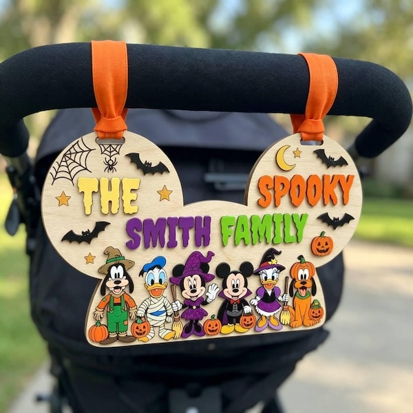 Personalized Disney Halloween Stroller Sign, Spooky Family Disney Trip Tag, MNSSHP Stroller Spotter, Mickey Friends Wooden Theme Park Sign