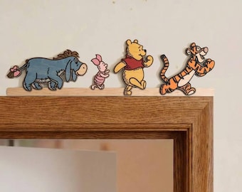 Winnie the Pooh Wooden Door Corner Decor, Classic Pooh Nursery Shelf Sitter, Tigger Piglet Eeyore Wood Figurine, Cute Door Frame Topper