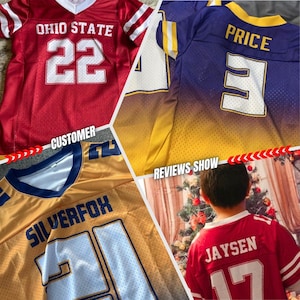 May include: A collage of football jerseys in red, gold, and purple. One jersey is red with "OHIO STATE" and the number "22". Another is purple and gold with "PRICE" and the number "3". A gold jersey has "SILVERFOX" and the number "21". A red jersey has "JAYSEN" and the number "17".