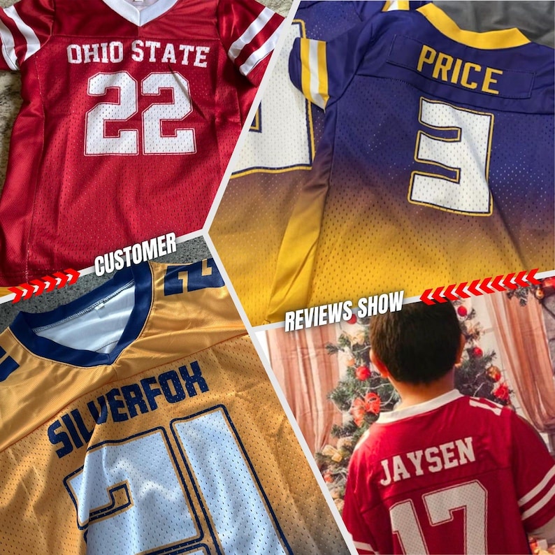May include: A collage of football jerseys in red, gold, and purple. One jersey is red with "OHIO STATE" and the number "22". Another is purple and gold with "PRICE" and the number "3". A gold jersey has "SILVERFOX" and the number "21". A red jersey has "JAYSEN" and the number "17".