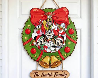 Custom Disney Christmas Door Sign, Personalized Family Name Wooden Wreath, Mickey Friends Holiday Decor, Christmas Front Door Sign