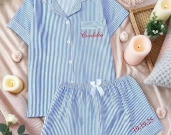 Personalized Cotton Seersucker Pajama Set, Custom Embroidered Short PJ Set, Bridesmaid Gift | Bridal Party Pajamas, Custom Name Pajamas