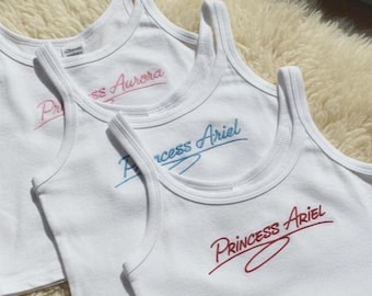 Custom Princess Name Embroidered Tank Top, Personalized Disney Princess Crop Top, Minimalist Embroidery Tank for Women, Aurora Ariel Belle