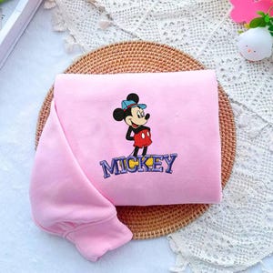 Embroidered Disney Mickey Mouse Sweatshirt, Cute Pink Hoodie for Adults, Official Licensed Character Pullover, Cartoon Gift Idea