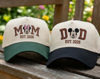 Disney Mom Dad Matching Embroidered Hats, Mickey Minnie Couple Baseball Caps, EST 2026 Family Disney Trip Hats, Disney Parents Matching Gift
