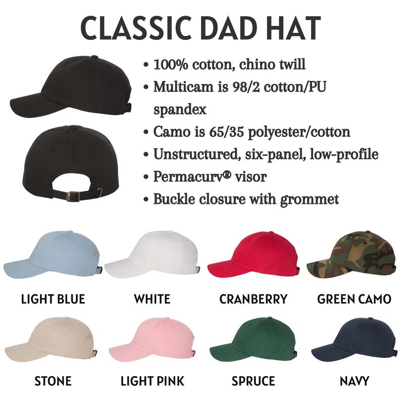 Pu&ograve; includere: Una selezione di cappelli da pap&agrave; classici in vari colori, tra cui blu chiaro, bianco, lampone, mimetico verde, pietra, rosa chiaro, abete e blu navy. I cappelli sono non strutturati, a sei pannelli, a basso profilo e presentano una visiera Permacurv&reg; e una chiusura a fibbia con occhiello.