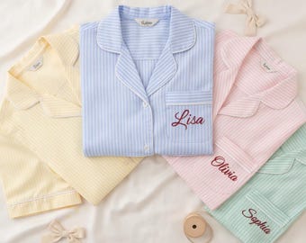 Personalized Cotton Seersucker Pajama Set, Custom Embroidered Short PJ Set, Bridesmaid Gift | Bridal Party Pajamas, Custom Name Pajamas