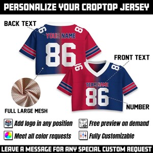 May include: Two cropped jersey tops, one with "YOUR NAME" and the number 86, the other with "TEAM NAME" and 86. The jerseys are red and blue with white numbers. The image also includes text: "PERSONALIZE YOUR CROPTOP JERSEY".